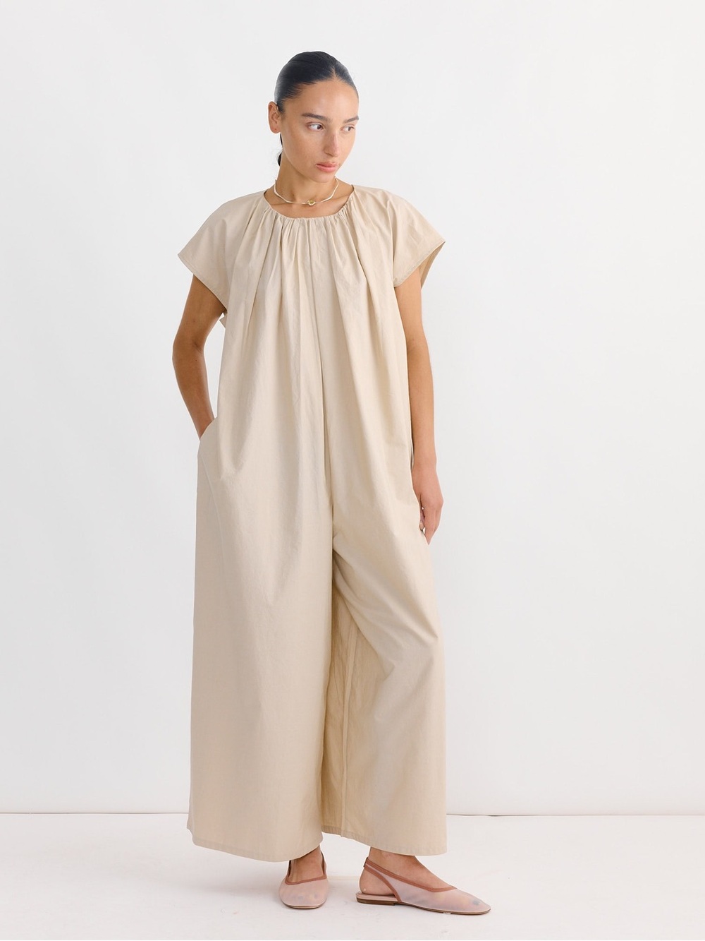 Black Crane Shirred Jumpsuit - Oyster